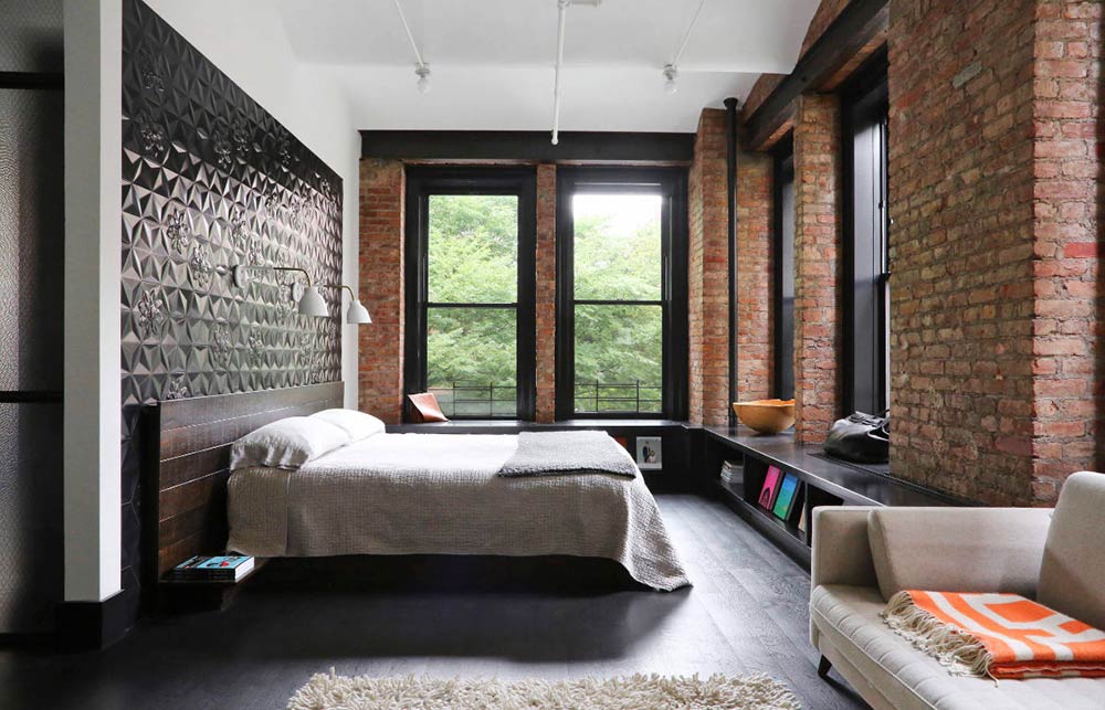 طراحی اتاق خواب با دیوار آجری اکسپوز