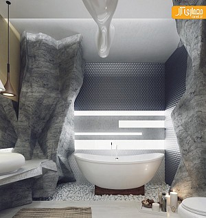 طراحی داخلی یک حمام  لوکس با طرحی  شبیه به غارهای سنگی