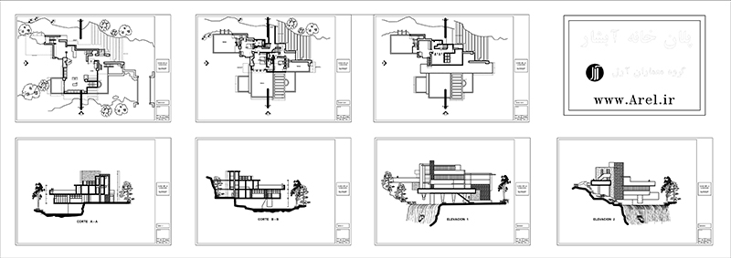 دانلود پلان دوبعدی و سه بعدی خانه آبشار فرانک لوید رایت،پلان دوبعدی و سه بعدی خانه آبشار فرانک لوید رایت