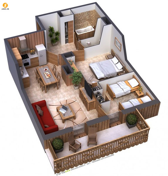 طراحی داخلی آپارتمان : 49 پلان چیدمان سه بعدی آپارتمان 2 خوابه