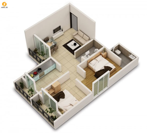 طراحی داخلی آپارتمان : 49 پلان آپارتمان 2 خوابه