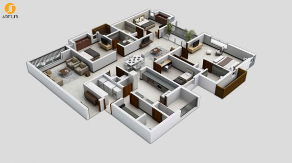 طراحی داخلی آپارتمان : 50 نمونه پلان آپارتمان 4 خوابه