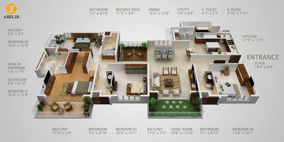 طراحی داخلی آپارتمان : 50 نمونه پلان چیدمان سه بعدی آپارتمان 4 خوابه