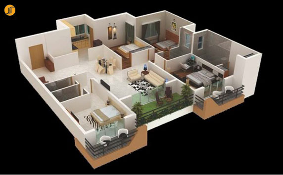 طراحی داخلی آپارتمان : 50 نمونه پلان آپارتمان 4 خوابه
