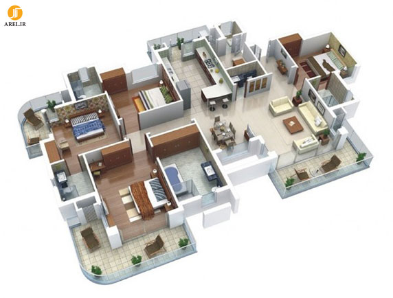 طراحی داخلی آپارتمان : 50 نمونه پلان چیدمان سه بعدی آپارتمان 4 خوابه