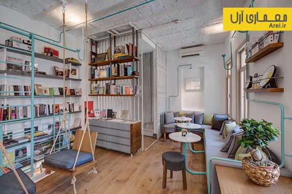 طراحی داخلی  کافه کتابی در استانبول با استفاده از المان لوله