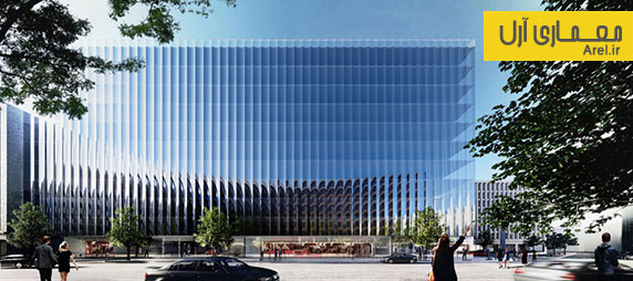 معماری و طراحی نمای مجتمع اداری با پانل های شیشه ای انحنادار (شیشه فلوت)