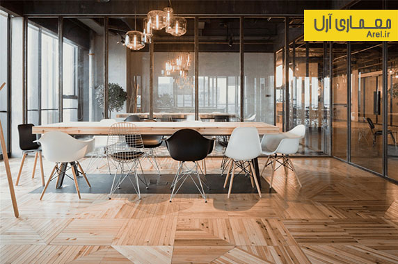 طراحی داخلی شرکت اداری با استفاده از متریال های چوب، شیشه و بتن