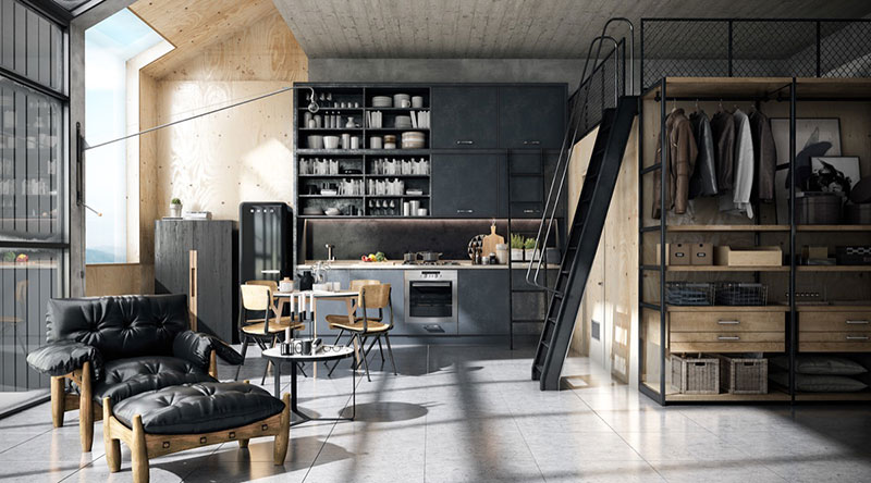 طراحی داخلی آشپزخانه به سبک صنعتی
