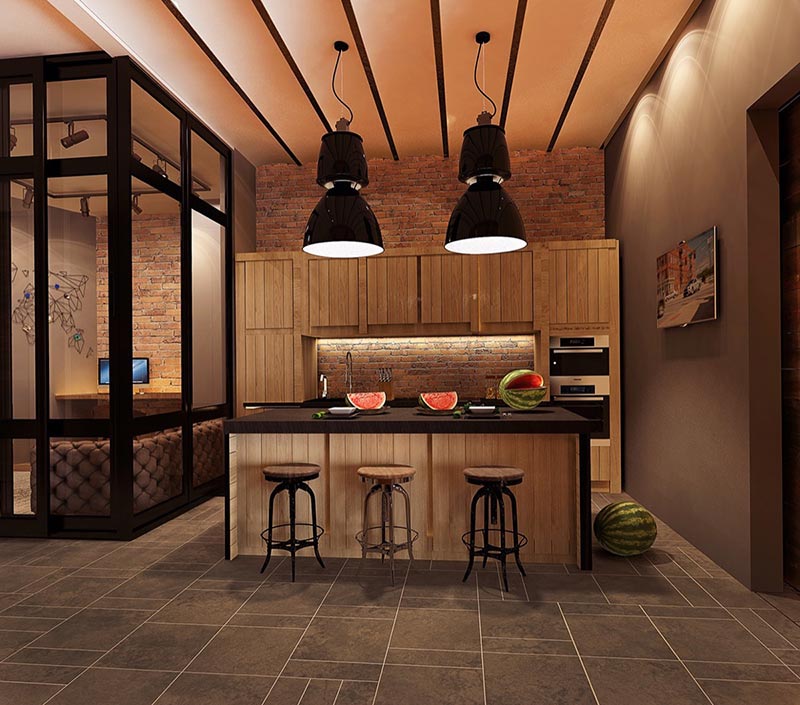 طراحی داخلی آشپزخانه به سبک صنعتی